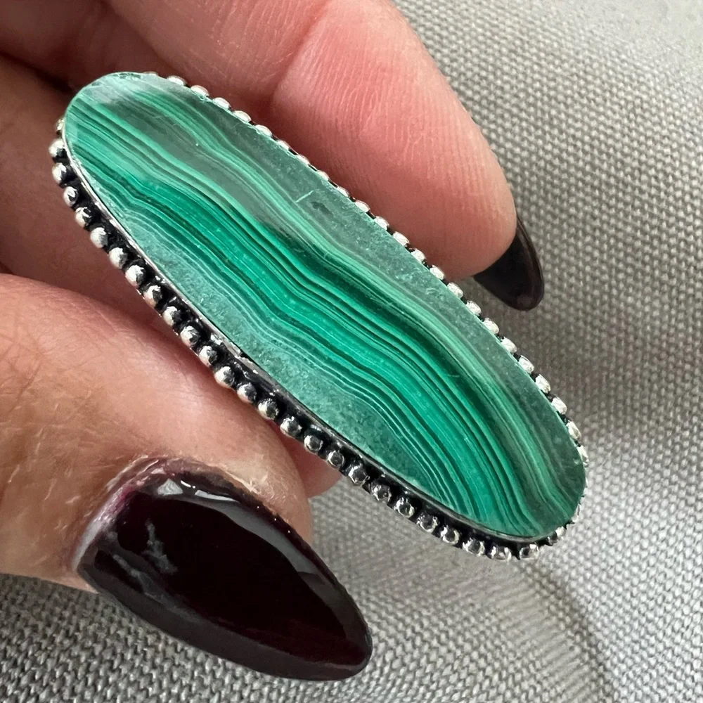 925 Long Elegant Malachite Ring 7.5 - Picture 10 of 13